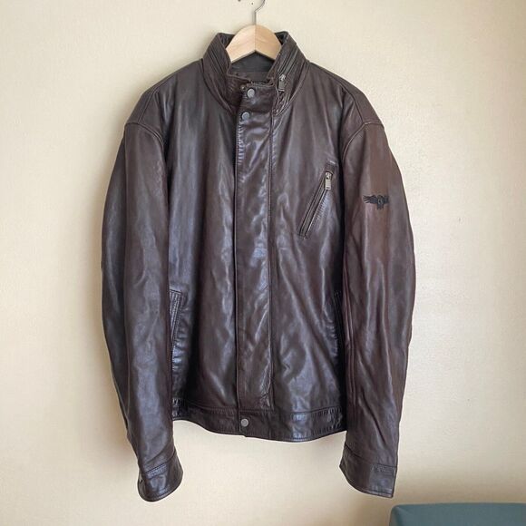 BH Vintage XXL Leather Men's Coat Brown Collar Hood Pockets Snaps And Zipper - Picture 4 of 8